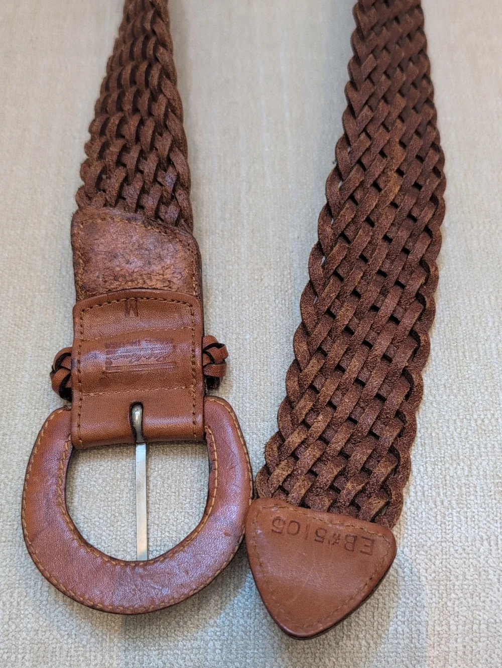Eddie Bauer Brown Leather Woven Belt Size M Classic Casual Style Made in USA